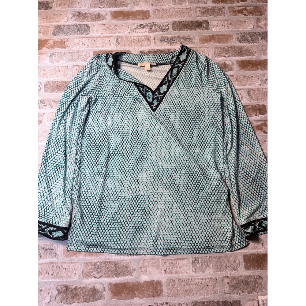 Michael Michael Kors Womens Turquoise Snakeskin V-Neck Tunic Top Size M Long Slv